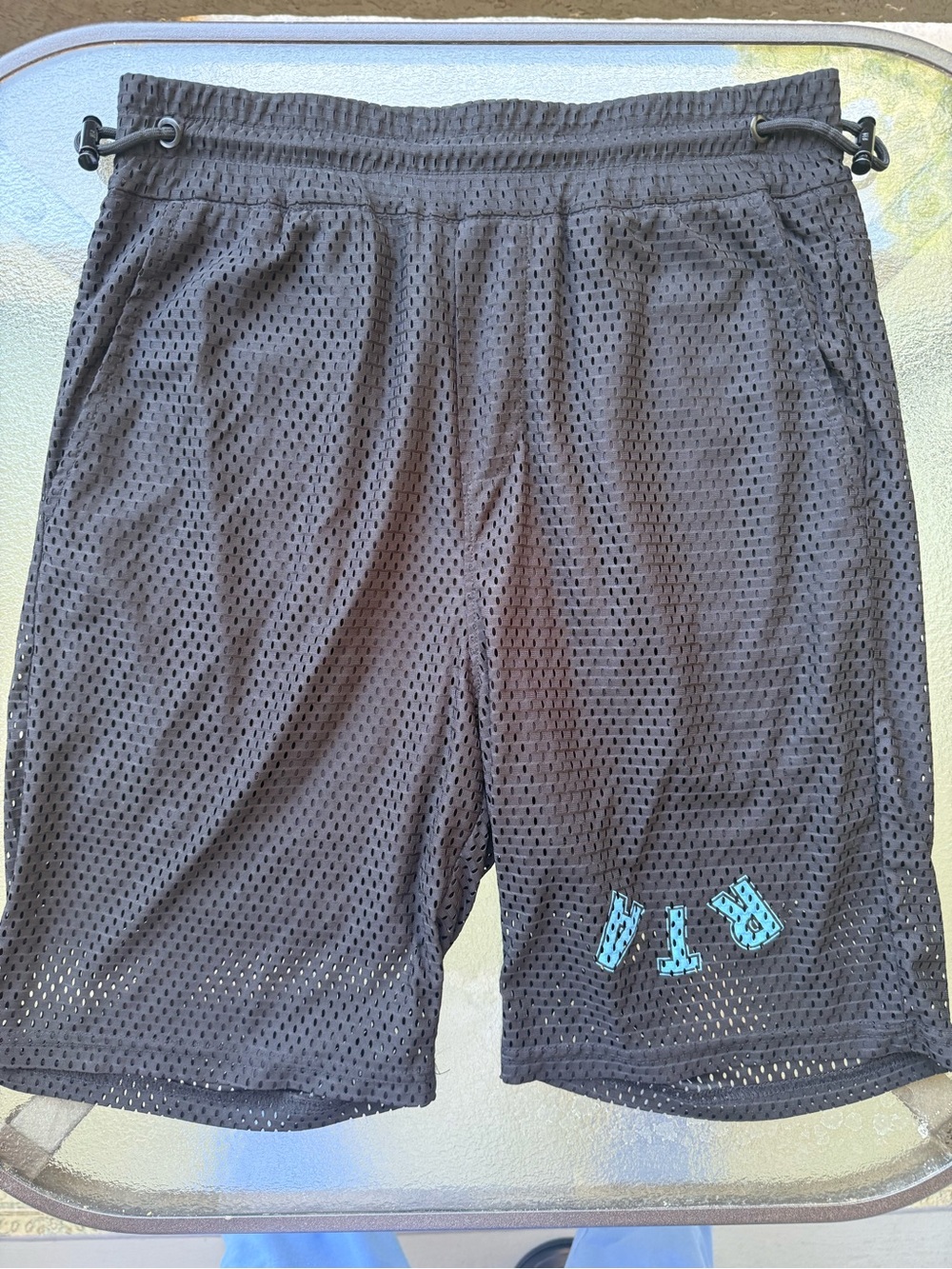 RtA Black Mesh Athletic Shorts with Teal Logo